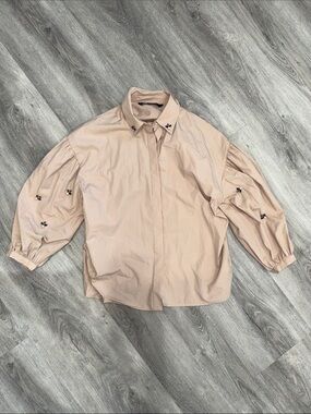 Zara Women’s Tan Puff-Sleeve Button-Up Blouse with Gems and Pearls Never Worn